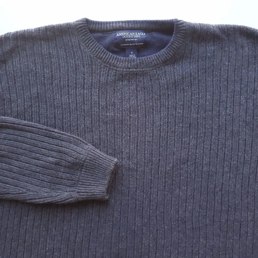 Vintage Y2K Ribbed Sweater Mens S Gray Cotton Wool Blend Pullover 90s 2000s